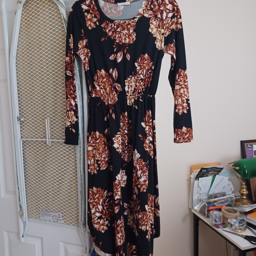 Floral Print Long Sleeve Plush Dress w/ pockets.